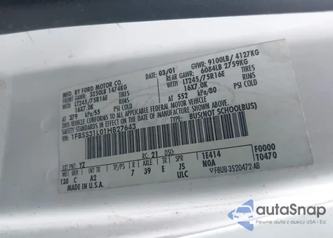 2001 Ford E-350 Super Duty Xl/Xlt z USA, uszkodzony, nr VIN 1FBSS31L01HB27643